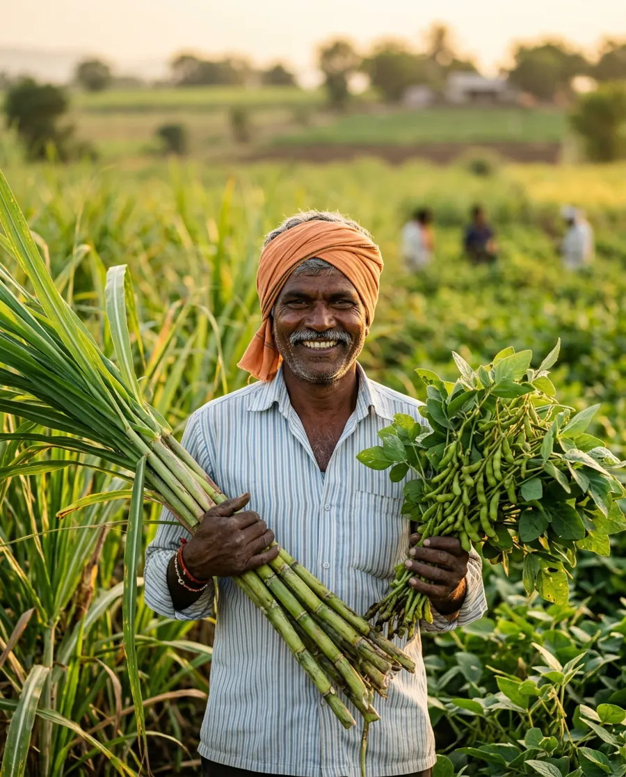 Smiling farmer holding fresh sugarcane and soybean harvest
