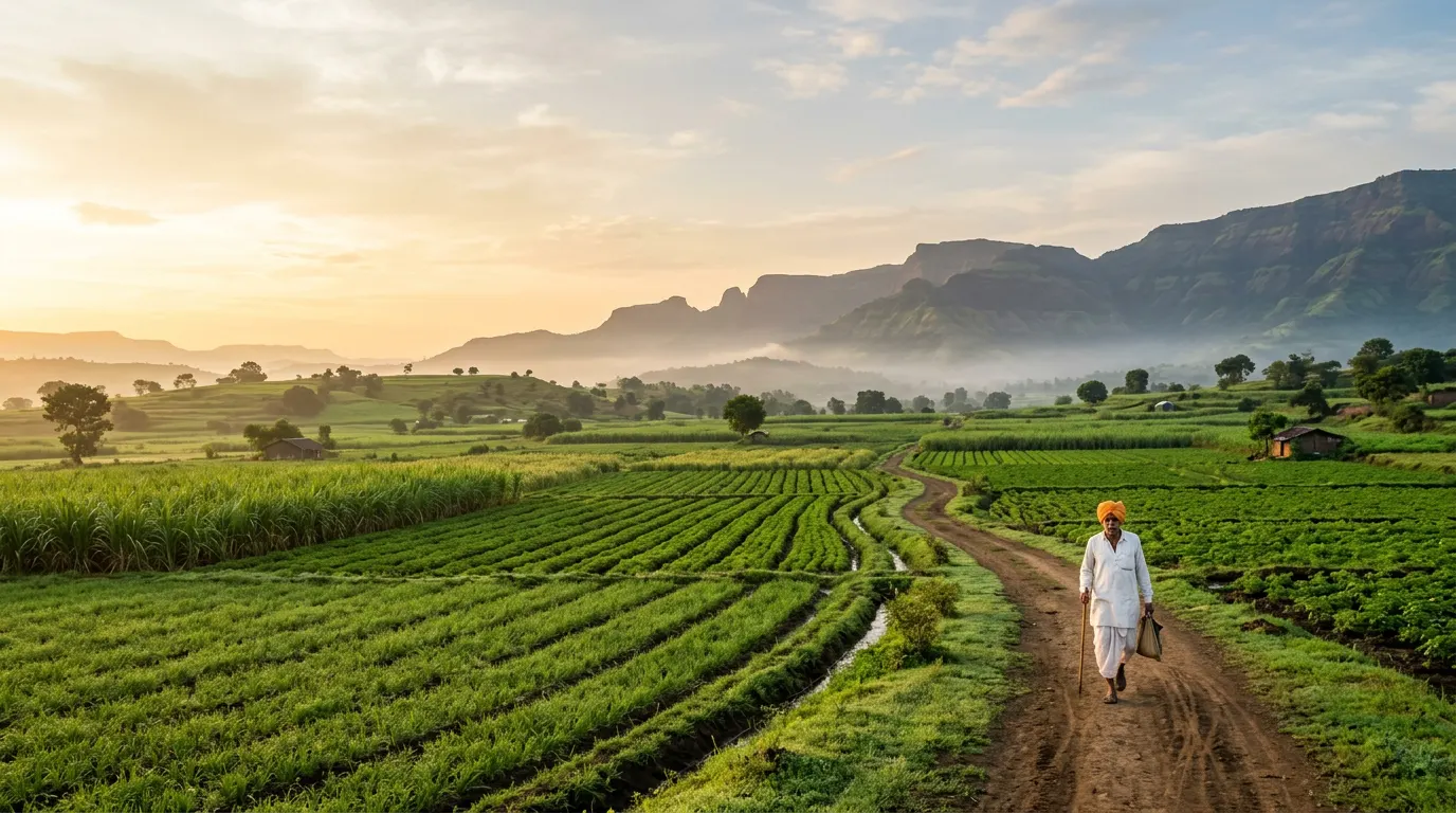 Green farmland in Maharashtra at sunrise with a farmer walking along a field path