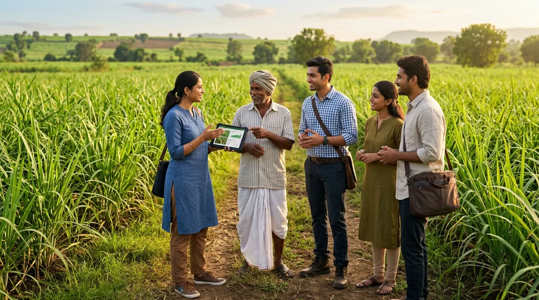 Young agriculture professionals discussing with a farmer in a sugarcane field